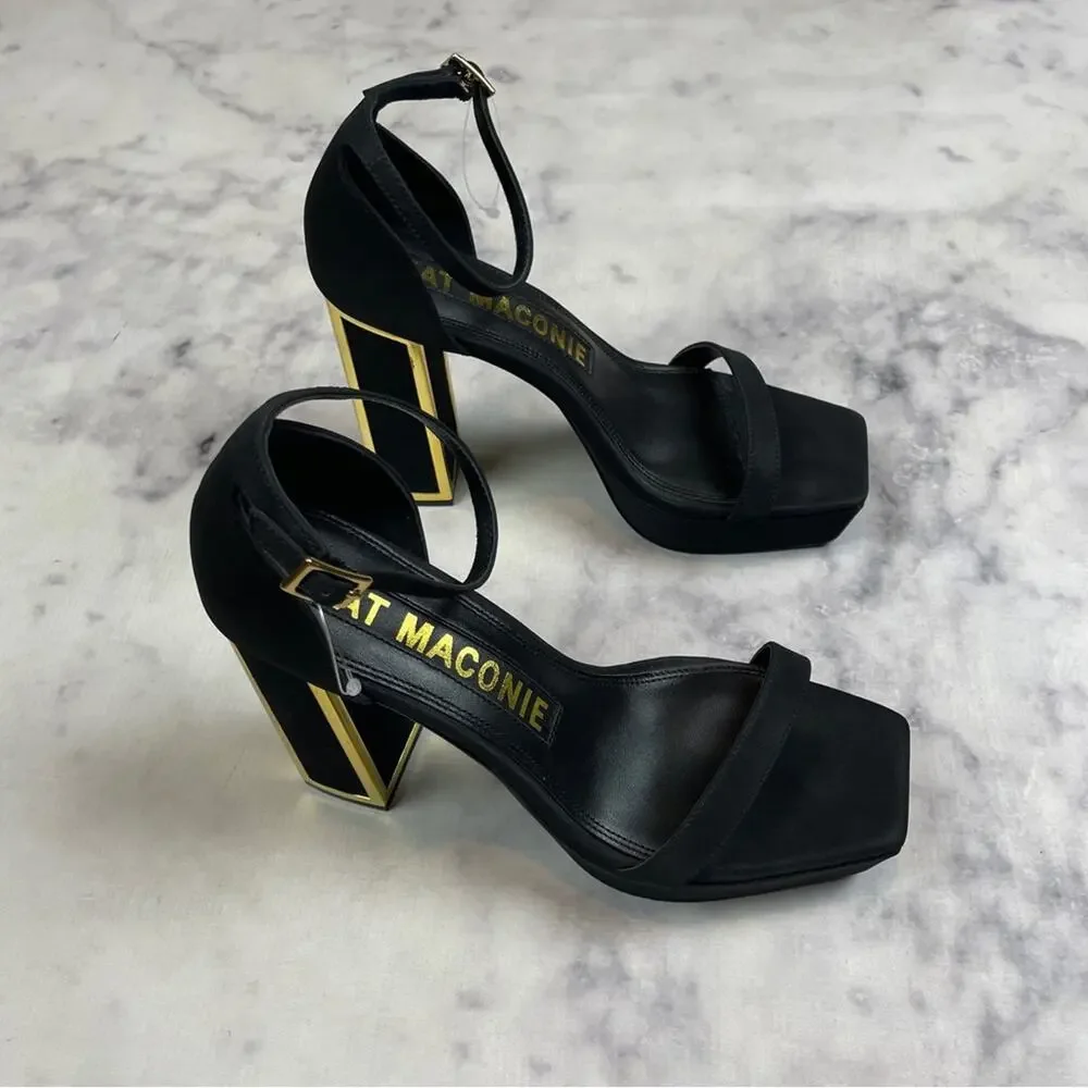 Kat Maconie Missy Black Platform Sandals Block Heel Gold Trim NWOB Sz 7.5